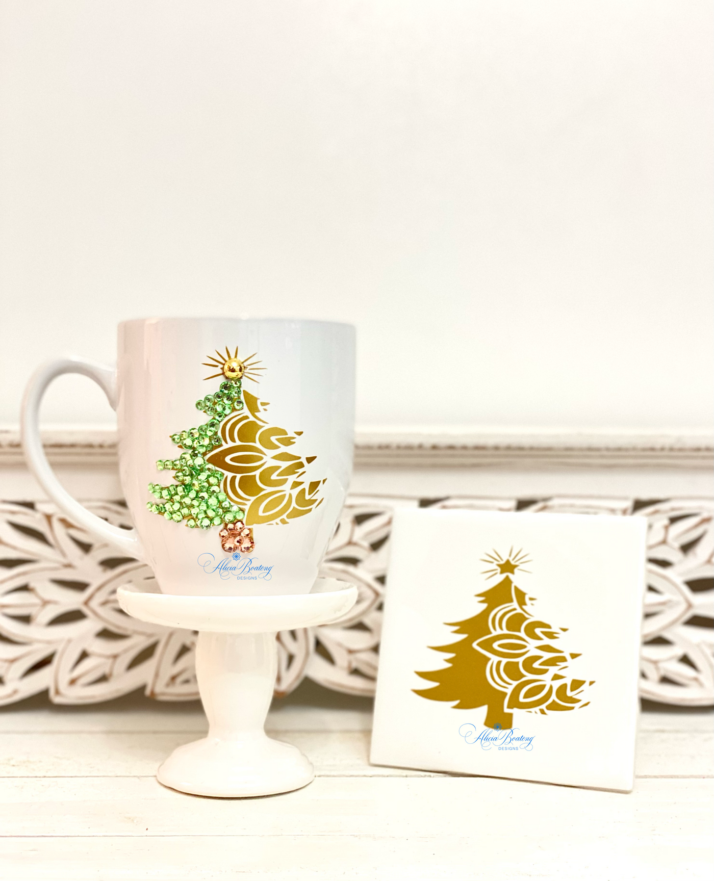 Glistening Christmas Tree Cup and Coaster Set