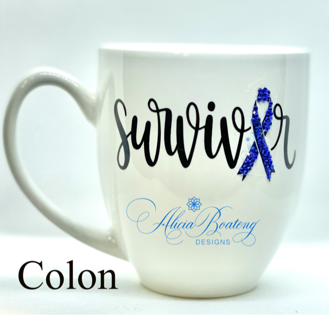 Colon Cancer SURVIVOR Coffee / Tea cup, Bling Coffee Cup,