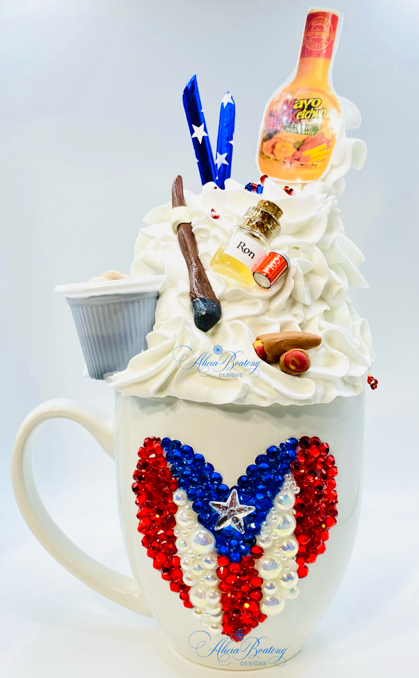 alicia boateng designs created a cup puerto rican flag with stones and pearls. show your spirit with this coffee or tea cup. it inclydes a topper with cafecito, ron y alcapurrias